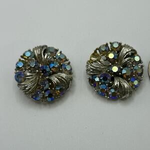 Vintage Iridescent Silver Button Style Clip On Earrings